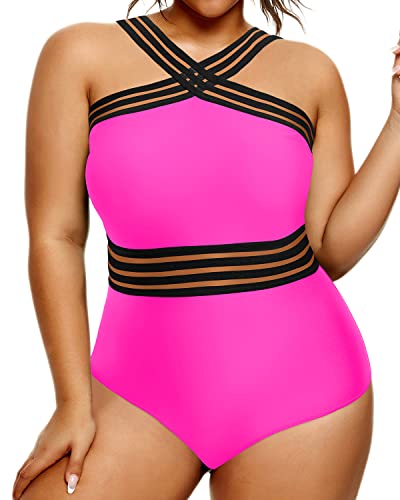 Sexy Mesh Crossover Monokini Plus Size One Piece Swimsuit Neon Pink Yonique 