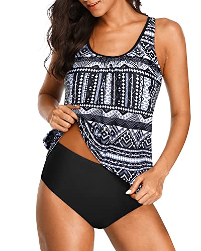 Two Piece Blouson Tankini Swimsuits Tummy Control For Women Black Trib