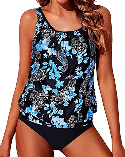 Tummy Control Mid Waist Bottom Blouson Swimsuits For Women-black Flora 