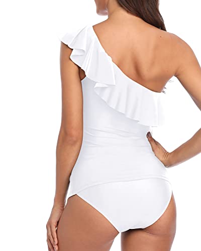 Women's One Shoulder Tankini Two Piece Swimsuits Tummy Control Ruffle Swimwear