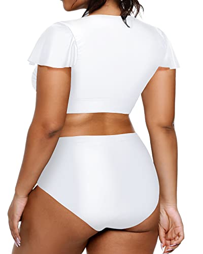 Two Piece Plus Size Bikini Set High Waisted Short Sleeve Bathing Suits