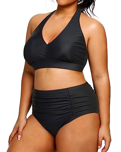 Plus Size Halter Bikini Tummy Control Two Piece Swimwear