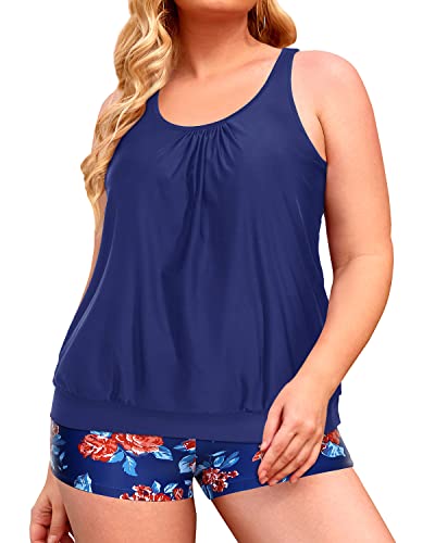 Stylish Plus Size Tankini Swimsuits Blouson Tankini Tops with Swim Shorts for Women