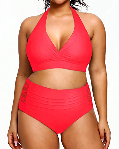 Plus Size Women's Two Piece Halter Bikini Swimsuits Tummy Control Bathing Suits
