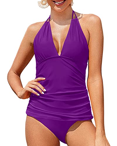 Plus Size Halter V Neck Tankini Double Strap Swimwear