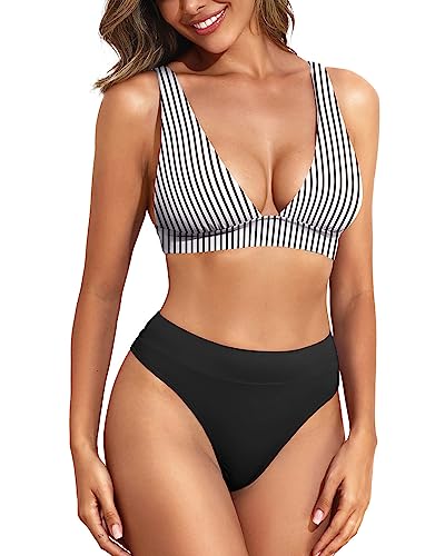 Women's High Waisted Thong Bikini Set High Cut V Neck Two Piece Swimsuit