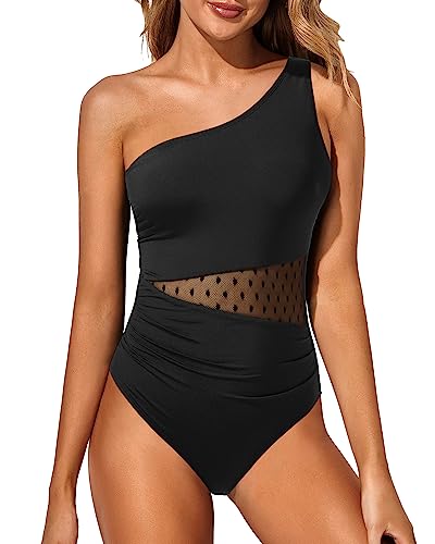 Mesh One Piece Tummy Control One Shoulder Swimsuit