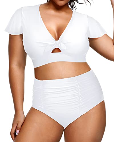 Two Piece Plus Size Bikini Set High Waisted Short Sleeve Bathing Suits