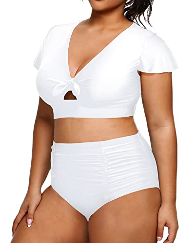 Two Piece Plus Size Bikini Set High Waisted Short Sleeve Bathing Suits