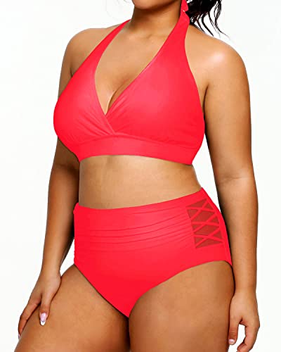 Plus Size Women's Two Piece Halter Bikini Swimsuits Tummy Control Bathing Suits