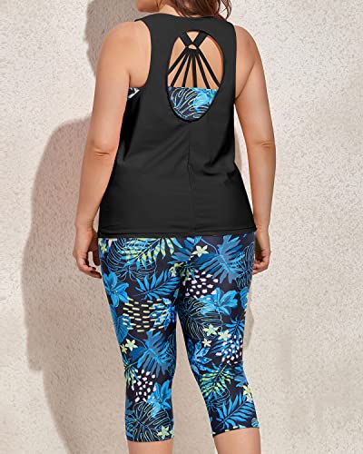 Stylish Plus Size Swimwear 3 Piece Tankini Swimsuits with Sports Bra and Swim Capris