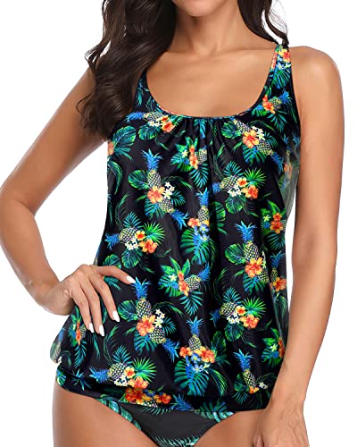 Tankini Tops Soft Paddings And Adjustable Straps-Black Pineapple