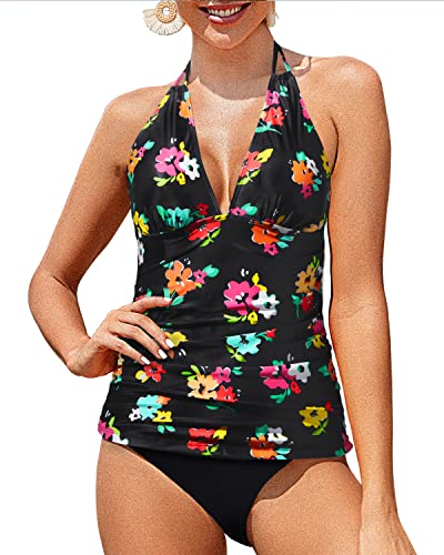 Women's Plus Size Tummy Control Tankini Two Piece Swimsuit Halter V Neck Swimwear