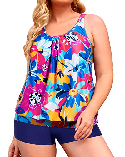 Plus Size Blouson Tankini Swimsuits for Women Swim Shorts Two Piece Ba ...