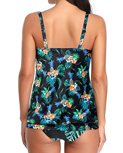 Tankini Tops Soft Paddings And Adjustable Straps-Black Pineapple