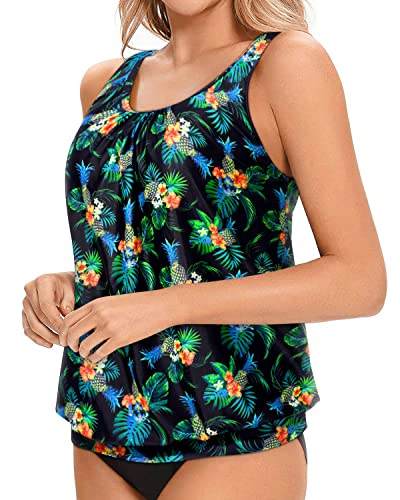 Tankini Tops Soft Paddings And Adjustable Straps-Black Pineapple