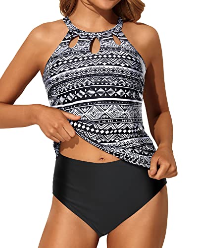 High Neck Two Piece Tankini Bathing Suit Tummy Control Tankini Bottom for Women