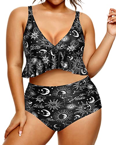 Plus Size Two Piece Swimsuits High Waisted Bikini Set Tummy Control Ruffle Swimwear