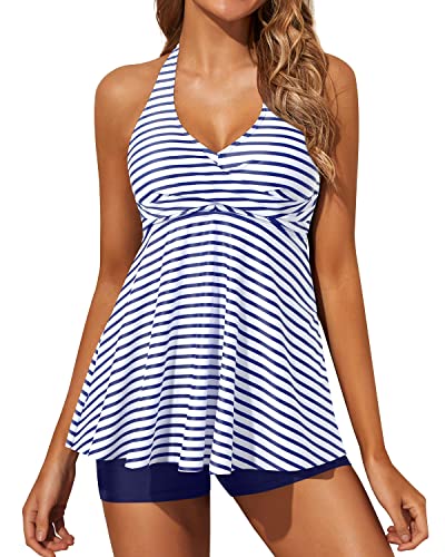 Flowy Twist Front Two Piece Bathing Suits for Women Halter V Neck Tankini Swimsuits