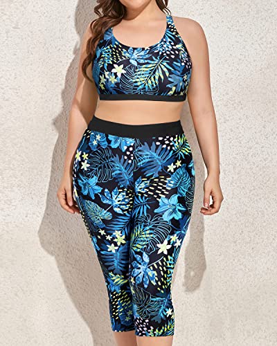 Stylish Plus Size Swimwear 3 Piece Tankini Swimsuits with Sports Bra and Swim Capris