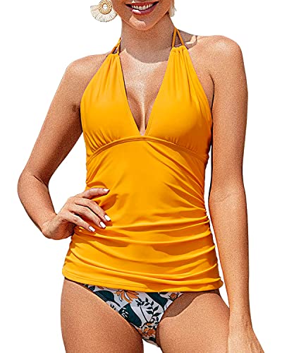 Halter V Neck Plus Size Tankini Ruched Two Piece Swimsuits