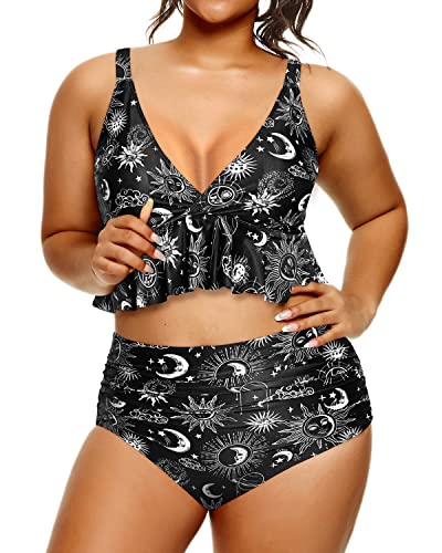 Plus Size Two Piece Swimsuits High Waisted Bikini Set Tummy Control Ruffle Swimwear