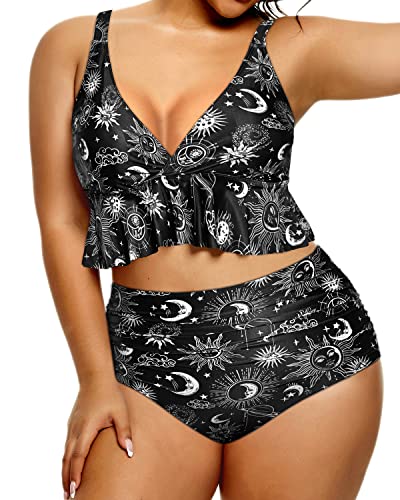 Plus Size Two Piece Swimsuits High Waisted Bikini Set Tummy Control Ruffle Swimwear