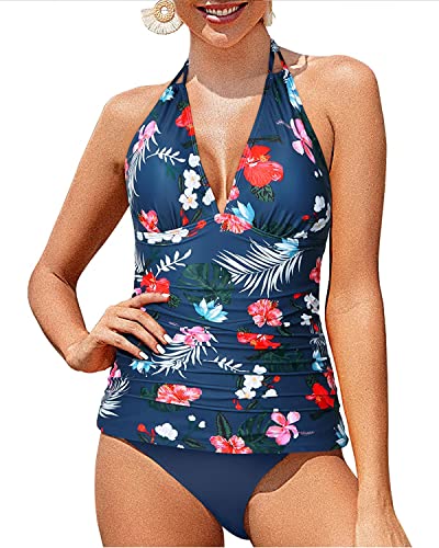 Two Piece Ruched Plus Size Halter V Neck Swimsuits