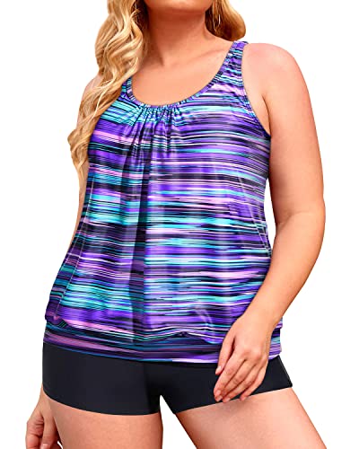 Trendy Plus Size Tankini Sets Women's Swimwear with Blouson Tankini Tops and Swim Shorts