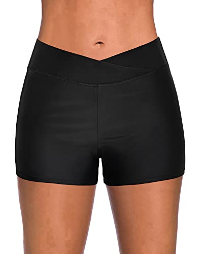 Mid Waist Womens Tankini Bottoms Swim Shorts-Black