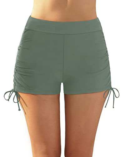 High Waisted Bathing Suit Shorts Tummy Control High Waisted Swim  Bottom-Army Green