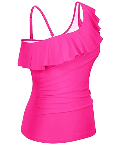 Slimming One Shoulder Tankini Tops Ruched For Women-Neon Pink