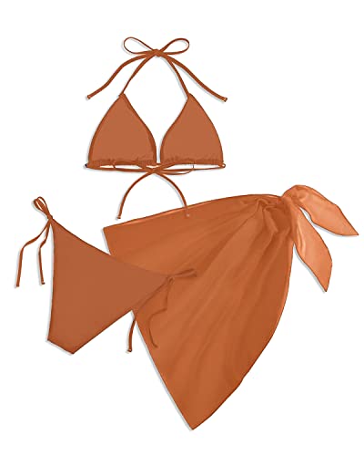 Sexy Halter Triangle Bikini Set Sarong Cover Up-Brown