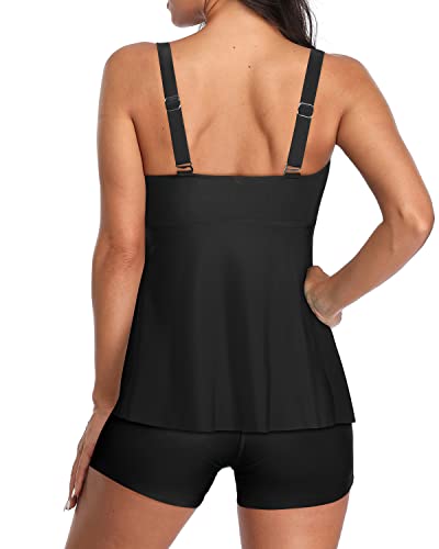 Elegant Pleated Two Piece Tankini Swimsuits Shorts For Women-Black