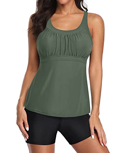 U Neck Swim Tank Top Racerback And Boyshort Swimwear For Women-Army Green And Black