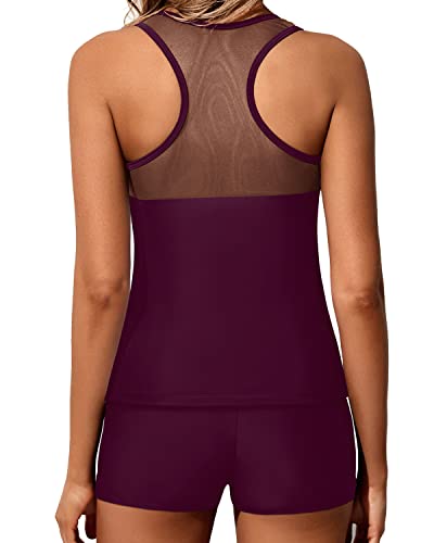 Sexy Mesh Patchwork Tankini Swimsuits For Women Shorts-Maroon