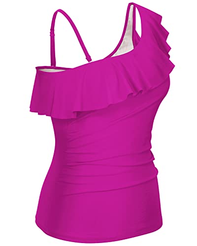 One Shoulder Tankini Tops Ruffle Swim Tops Strapless Bathing Suit Tops-Hot Pink