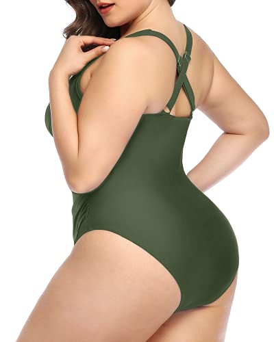 Lace Up Plunge V Neck Plus Size One Piece Swimsuit For Women-Army Green