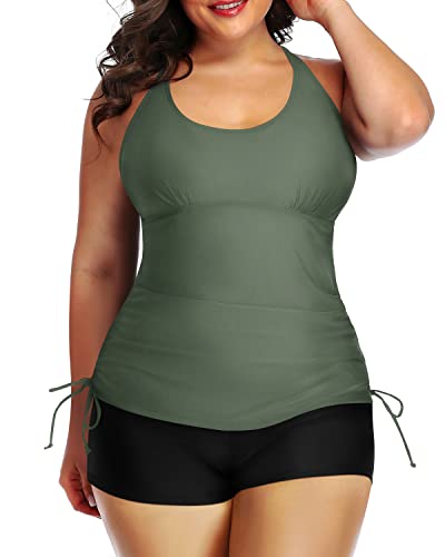 Slimming Tankini Set High Waisted Boyshorts Two Piece Ruched Swimsuit-Olive Green