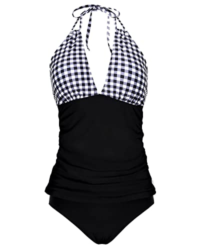 Backless V Neck Tankini Tops Ruched Bathing Suit-Black Plaid