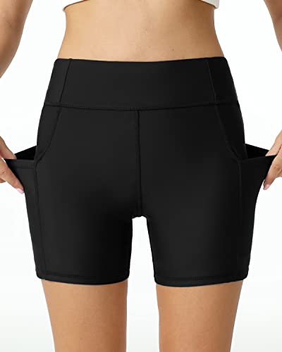 Swimming High Waisted Swim Bottoms Tummy Control For Women-Black