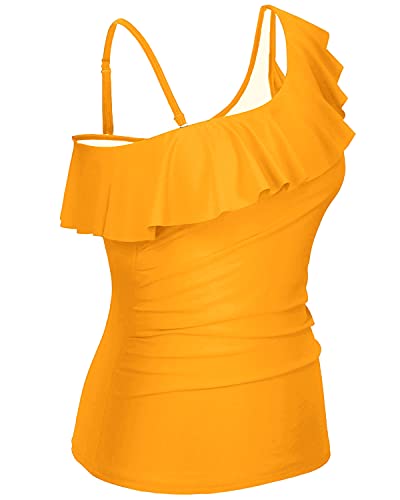 Padded One Shoulder Tankini Top Ruffle Flounce For Women-Yellow