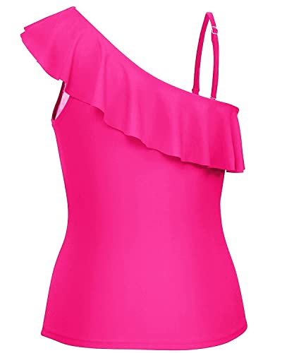 Slimming One Shoulder Tankini Tops Ruched For Women-Neon Pink