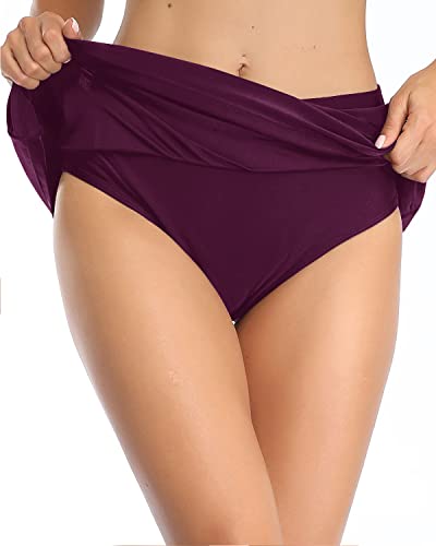 Mid Thigh A Line Build-In Brief Swim Skirt Bottoms For Women-Maroon