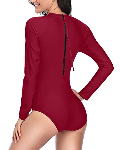 Unique Zipper Back Design Rash Guard Long Sleeve Swimsuit-Red