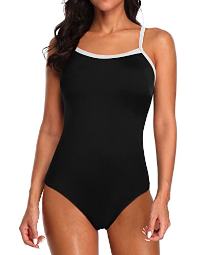 Full Coverage Built-In Bra Athletic One Piece Swimsuits For Women-Black And White