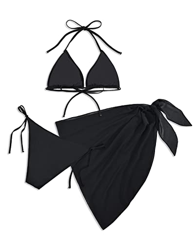 Tie Side Bikini Bathing Suit Beach Skirt Chic 3-Piece Bikini Set-Black