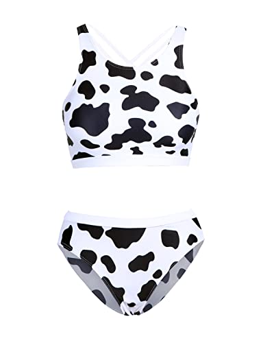 High Neck Two Piece Swimsuits Cutout Cross Back Bathing Suits-White Cow