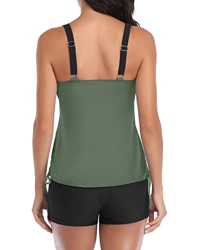 Athletic 2 Piece Tankini Swimsuits Push Up Bra & Adjustable Straps-Olive Green