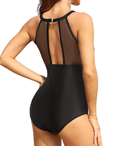 High Neck Ruched Monokini One Piece Swimsuits Tummy Control For Women-Black